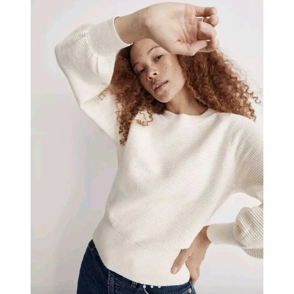 Madewell Corbett Sweater S Cream Pullover Balloon Sleeve Ribbed Preppy Coastal